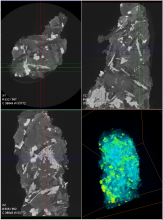 Mikro-CT-Ansicht einer Basaltprobe, die die innere Struktur, Risse und Mineralcluster zeigt. 