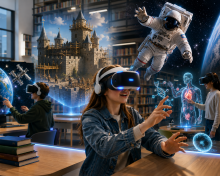 Mehrere Personen mit VR-Brillen interagieren mit virtuellen 3D-Hologrammen von einer Burg, einem Astronauten und einem menschlichen Skelett im Innenraum mit Bücherregalen