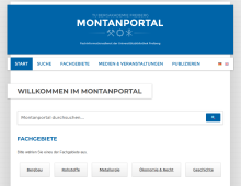 Webseite des Kataloges des Montanportals der TU Bergakademie Freiberg mit Suchfeld und Auswahl von Fachgebieten wie Bergbau, Rohstoffe, Metallurgie, Ökonomie & Recht, Geschichte