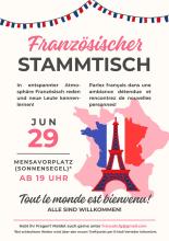 Veranstaltungsposter Französischer Stammtisch, 29. Juni 2026, 19 Uhr, Mensavorplatz (Sonnensegel)