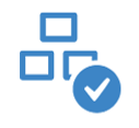 Ein blaues Icon: Drei Kästchen und ein Haken in einem Kreis.