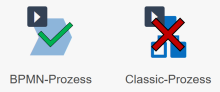 Icon BPMN-Prozess ist erlaubt. Icon Classic-Prozess ist nicht erlaubt.