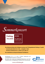 Bild: Eine abstrakte Berglandschaft im Nebel mit weichem, orangerotem Licht mit harmonischen, weichen Bergketten in türkis mit verschiedenen Helligkeitsstufen, angeordnete in 5 Ebenen Text: Sommerkonzert, Freitag, 19.06.2026, 20:00 Audimax, Winklerstraße 24,  Das Sinfonieorchester des Collegium musicum der TU Bergakademie Freiberg e. V. spielt: Franz Berwald: Sinfonie Nr. 3 C-Dur – „Singulière“ (1845) Max Bruch: Violinkonzert Nr. 1 g-Moll  op. 26 (1865–67) Die musikalische Leitung hat Sebastian Paul Rehnert