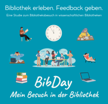 Illustration mit Personen, die lesen, lernen und sich austauschen, umgeben von Büchern, Laptop und einer Uhr auf blauem Hintergrund