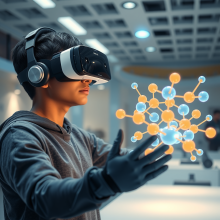 Student mit VR-Brille und Molekül