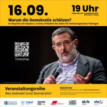Veranstaltungsplakat: Warum die Dekokratie schützen? mit Stephan J. Kramer am 16. September um 19 Uhr