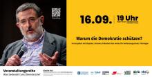 Veranstaltungsgrafik: Warum die Demokratie schützen? mit Stephan J. Kramer am 16. September um 19 Uhr
