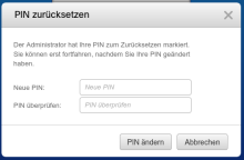 Fenster PIN zurücksetzen mit den Feldern Neue PIN und PIN überprüfen sowie den Schaltflächen PIN ändern und Abbrechen