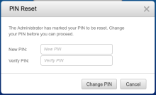 PIN Reset window with the fields New PIN and Verify PIN and the buttons Change PIN and Cancel