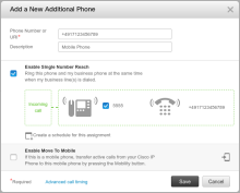 Add a New Additional Phone window with phone number +4917123456789, description Mobile Phone, Enable Single Number Reach ticked and the office number 5555 ticked
