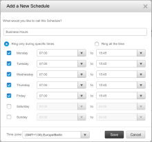 Add a New Schedule window: name Business Hours, Ring only during specific times selected, Monday to Friday 07:00 to 15:45, time zone (GMT+1:00) Europe/Berlin