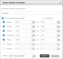 Fenster Neuen Zeitplan hinzufügen: Name Arbeitszeit, Nur zu bestimmten Zeiten klingeln ausgewählt, Montag bis Freitag 07:00 bis 15:45, Zeitzone (GMT+1:00) Europe/Berlin