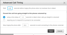 Advanced Call Timing window with a wait time of 4.0 seconds, voicemail protection using a time delay of 1.5 seconds and stop ringing after 19.0 seconds