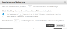 Fenster Erweitertes Anruf-Zeitschema mit Wartezeit 4.0 Sekunden, Schutz vor der Handy-Mailbox per Verzögerung von 1.5 Sekunden und Klingeldauer 19.0 Sekunden